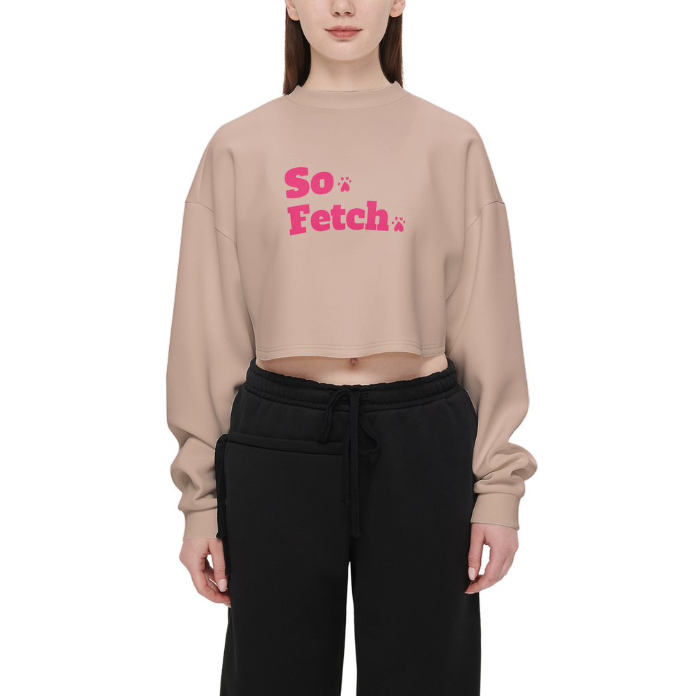 So Fetch - Tan & Pink - Cropped Crewneck Sweatshirt